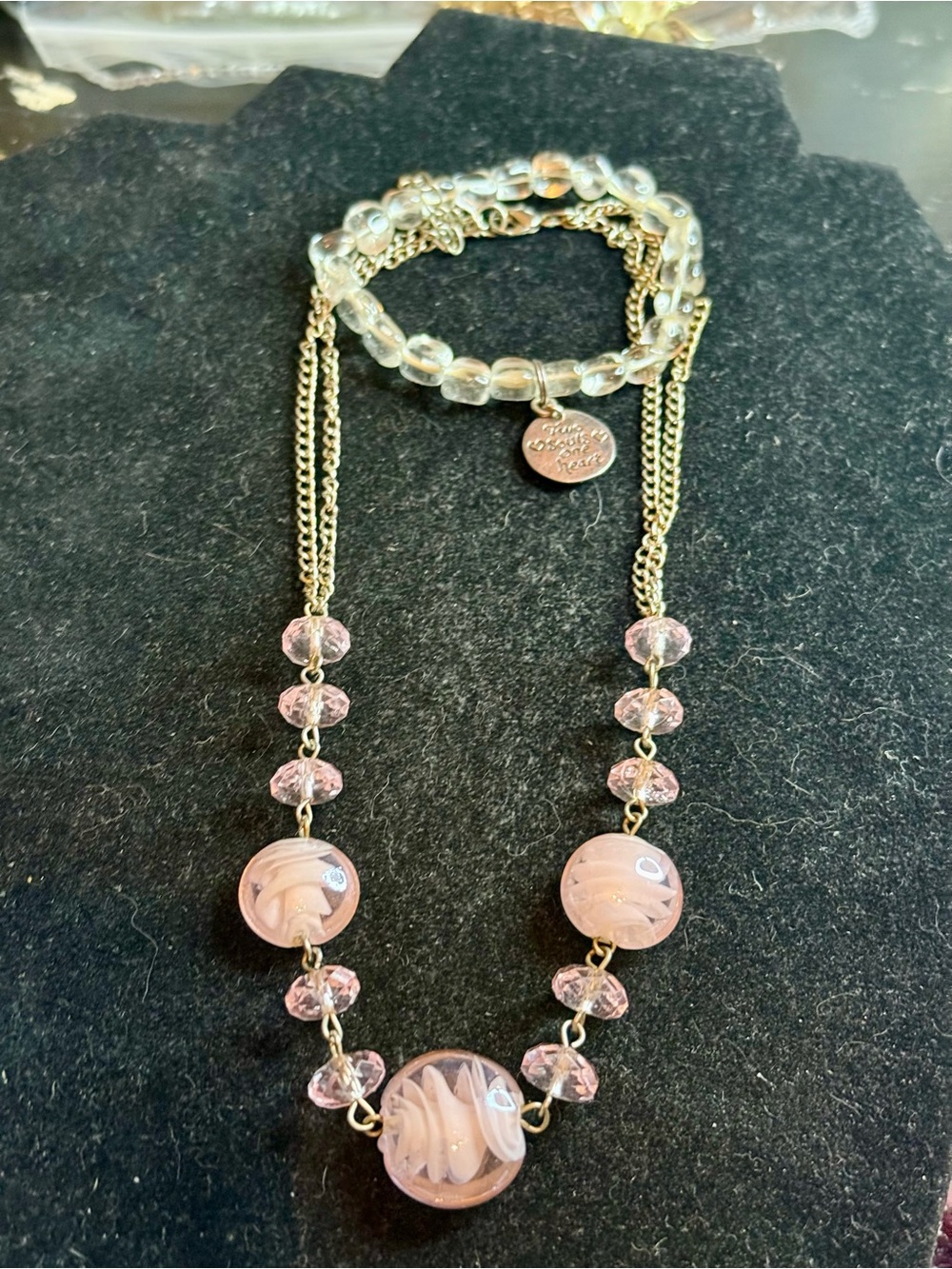 Gold-Tone Pink Glass Bead Necklace with silvery stretch bracelet (pair)